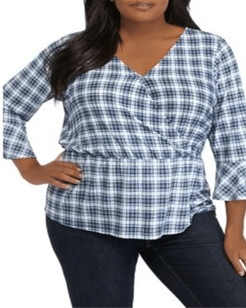Front of a model wearing a size 1X Michael Kors Women's Plus Size Plaid Bell-Sleeve Top Blue Size 1X in Blue by Michael Kors. | dia_product_style_image_id:311306